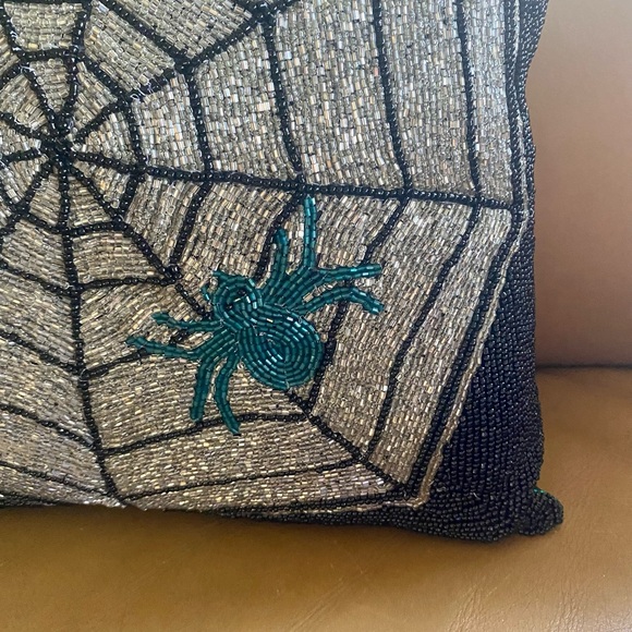 Pier 1 Glass Beaded Spider Web Square Pillow 14” Sparkly Halloween Spooky - Picture 3 of 6